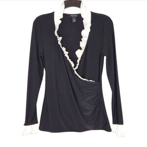 White House Black Market B&W Ruffle Detail Wrap Blouse Size Small